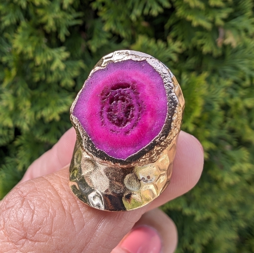 Artisan Handmade In Morocco Adjustable Pink Geode Wide Band Gold Ring Size 9.25 - Picture 3 of 9